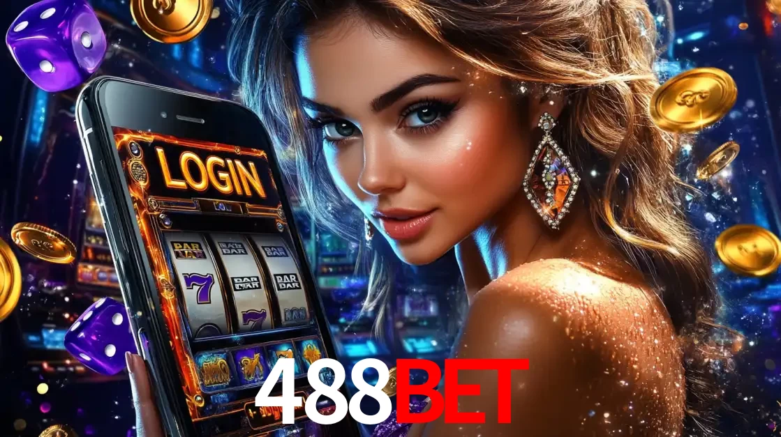 Mulher glamorosa segurando um smartphone com a tela de login para os jogos de caça-níqueis do cassino online 488BET, com moedas de ouro e dados ao redor.